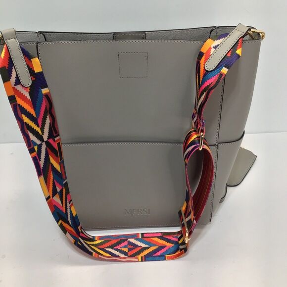 MERSI Vegan Demi Bucket Purse Colorful Strap Boho Crossbody Taupe Gray - Picture 10 of 16